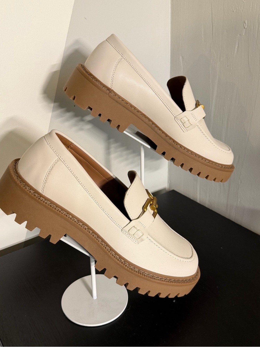 Call It Spring “VAULT” Cream Loafers with Gold Chain Accent